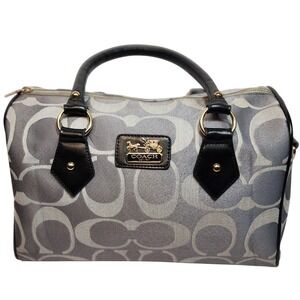Coach Signature C Grey Silver Jacquard Satchel Barrel Bag Black Leather Trim